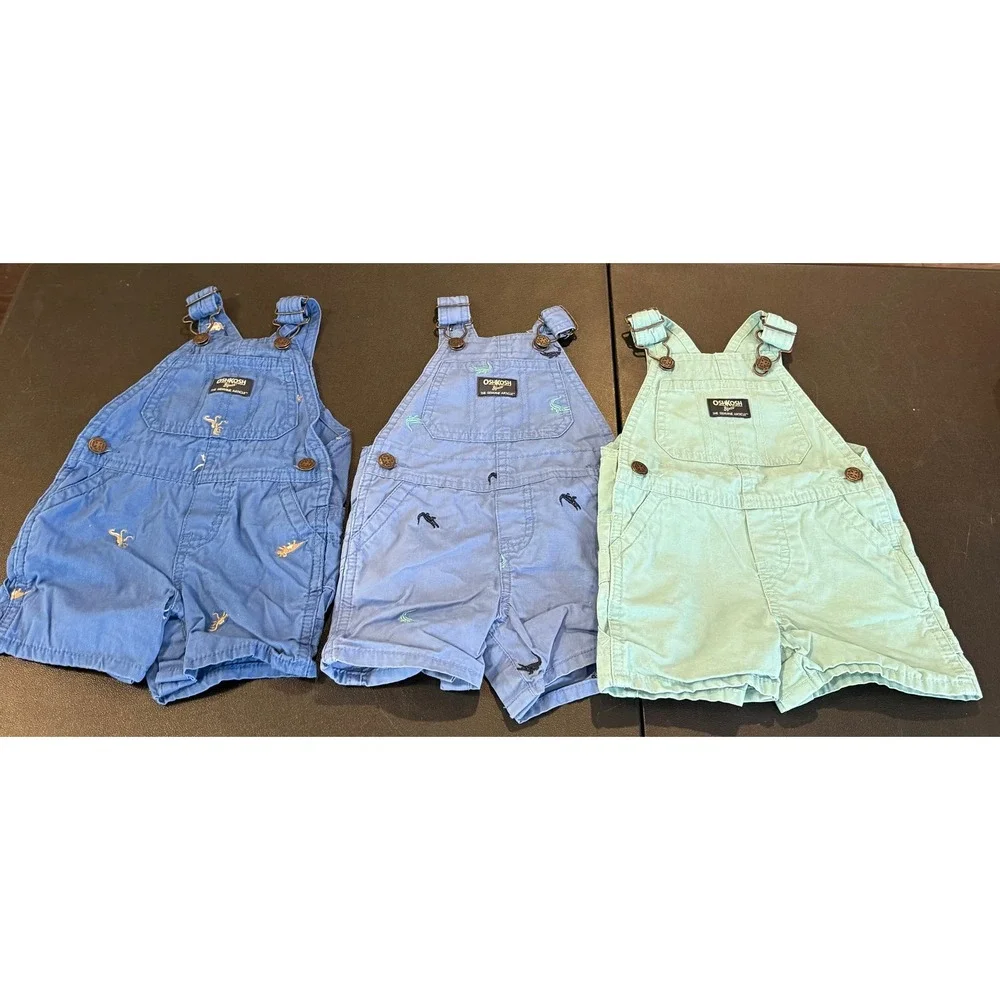 OshKosh Boys 6-9M Shortall Overalls Blue Mint Alligator Dinosaur  Bundle Of‎ 3